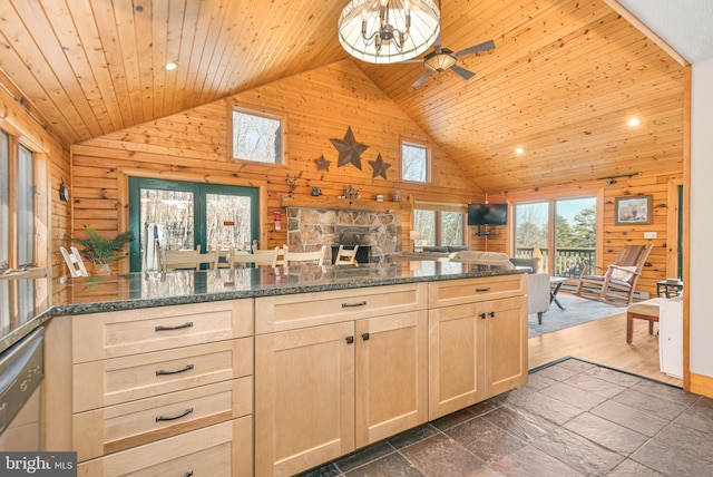 kitchen featuring light brown cabinets, wood walls, wood ceiling, open floor plan, and dishwasher