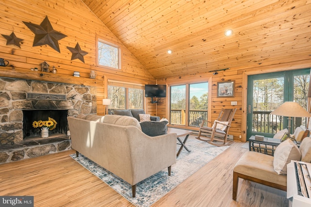 living area featuring wooden walls, plenty of natural light, a fireplace, and wood finished floors