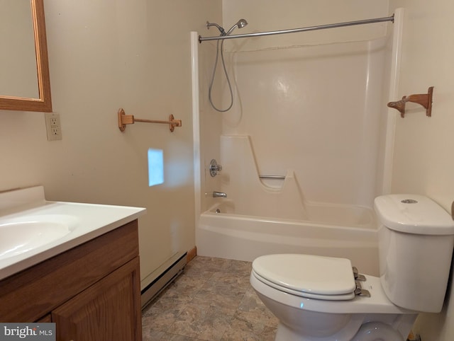 full bath with a baseboard radiator, vanity, toilet, and tub / shower combination