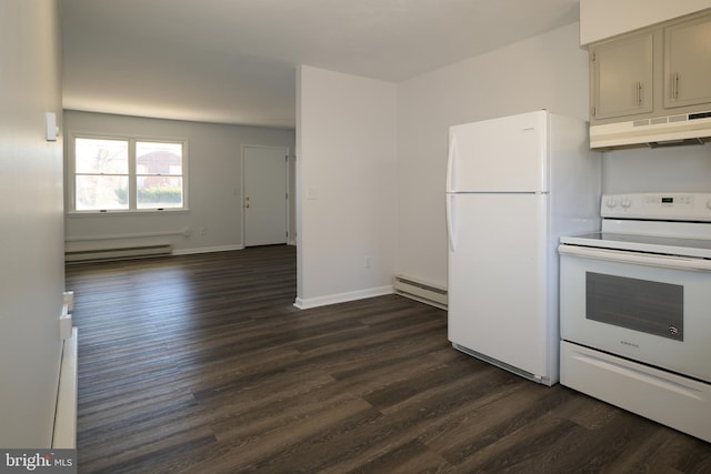 kitchen with a baseboard radiator, under cabinet range hood, a baseboard heating unit, white appliances, and dark wood finished floors