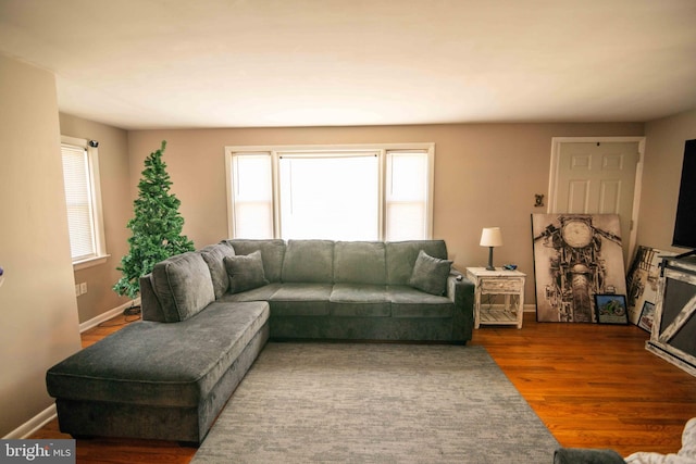 living area with baseboards and wood finished floors