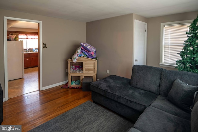 living room with baseboards and wood finished floors