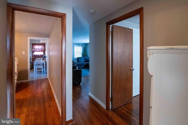 hall with dark wood finished floors and baseboards