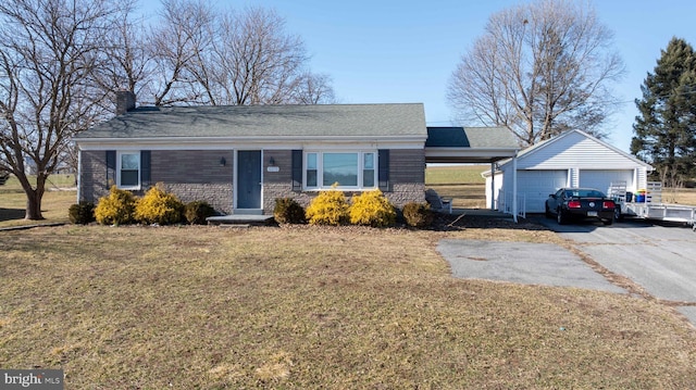 single story home featuring a garage, a chimney, an outdoor structure, and a front lawn