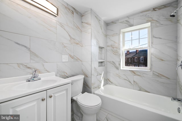 full bathroom with shower / washtub combination, marble finish floor, vanity, and toilet