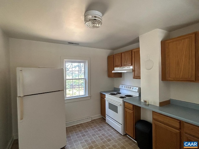 kitchen with white appliances, a baseboard radiator, brown cabinets, light countertops, and under cabinet range hood