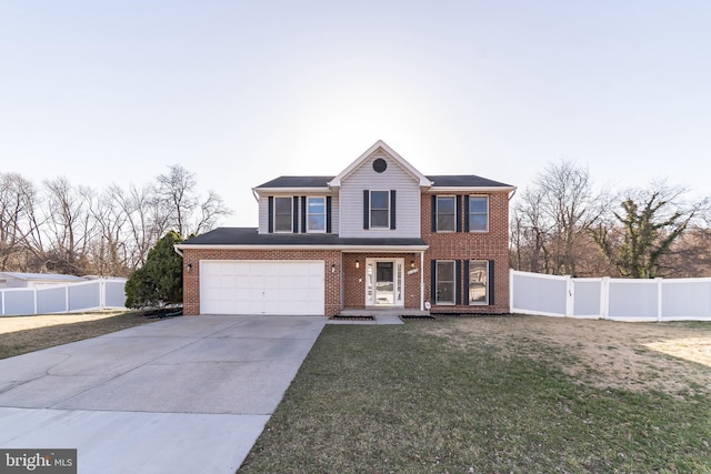 view of front of property with a garage, brick siding, fence, concrete driveway, and a front yard