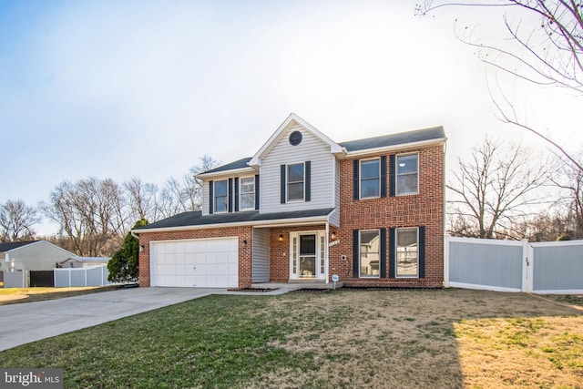 traditional home with concrete driveway, brick siding, fence, and a front lawn