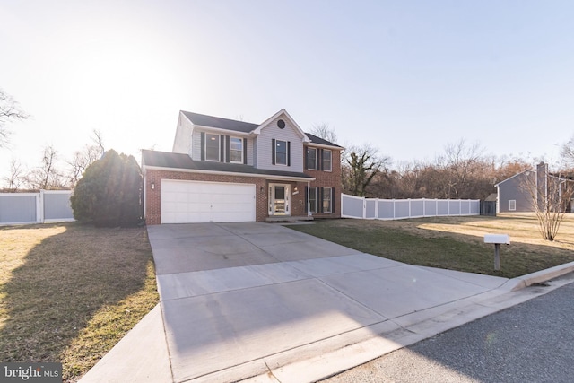 traditional home with a garage, brick siding, fence, concrete driveway, and a front yard