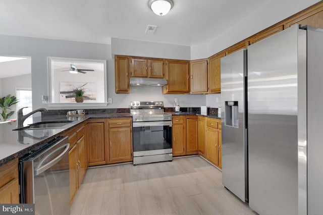 kitchen with appliances with stainless steel finishes, brown cabinets, a sink, and under cabinet range hood