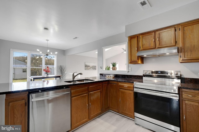 kitchen with stainless steel appliances, visible vents, brown cabinetry, a sink, and under cabinet range hood