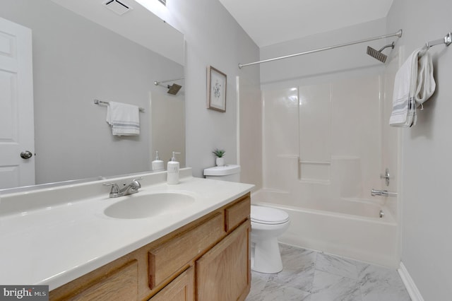 bathroom featuring bathtub / shower combination, toilet, visible vents, vanity, and marble finish floor