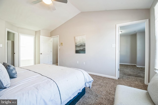 carpeted bedroom featuring a ceiling fan, lofted ceiling, and baseboards