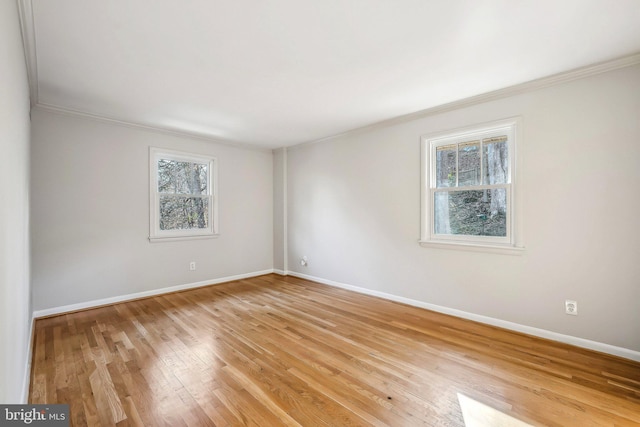 unfurnished room featuring plenty of natural light, light wood-type flooring, baseboards, and ornamental molding