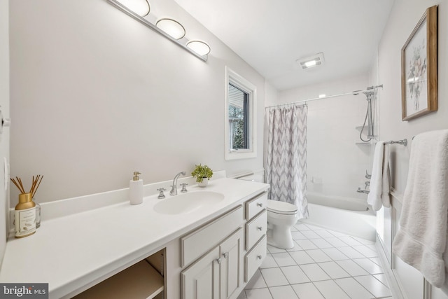 bathroom featuring tile patterned flooring, toilet, vanity, and shower / bathtub combination with curtain