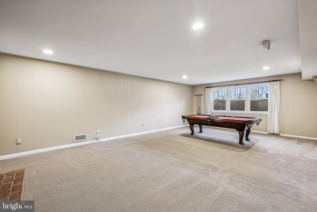 rec room featuring visible vents, baseboards, carpet, recessed lighting, and billiards