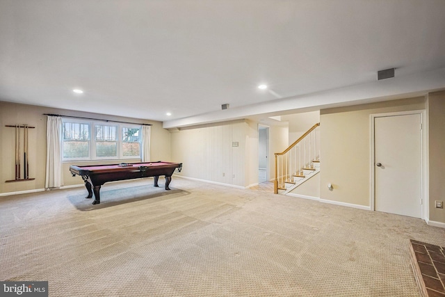 recreation room featuring recessed lighting, baseboards, and carpet floors