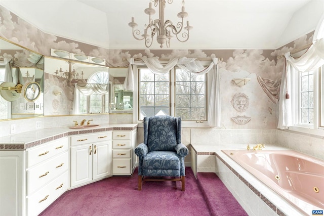 full bath with lofted ceiling, wallpapered walls, a chandelier, and a wealth of natural light