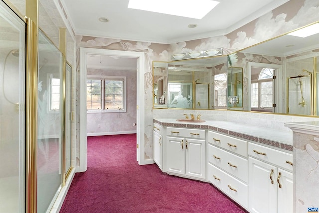 full bath featuring plenty of natural light, carpet floors, a skylight, and wallpapered walls