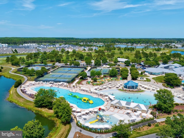 drone / aerial view with a water view