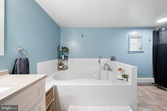 full bathroom featuring tile patterned floors, baseboard heating, a bath, and vanity