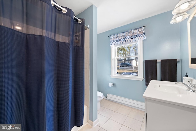 full bathroom featuring vanity, baseboards, tile patterned floors, toilet, and baseboard heating