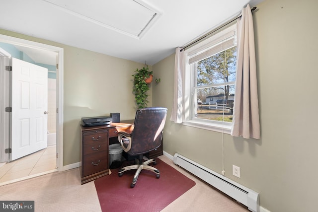 carpeted office space featuring baseboards and baseboard heating