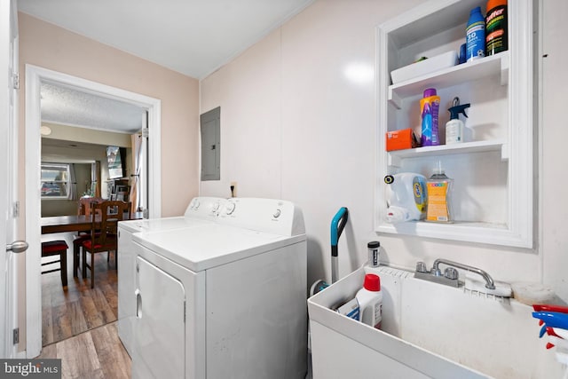 laundry room with electric panel, laundry area, light wood-style flooring, and washer / clothes dryer