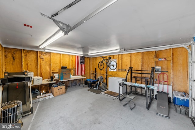 garage with a workshop area