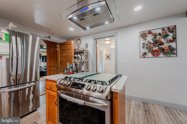 701 Paris Kirby Rd, Milford, DE 19963 - kitchen with appliances with stainless steel finishes, light wood finished floors, light countertops, recessed lighting, and range hood