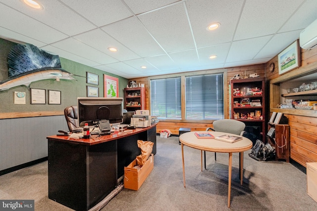 701 Paris Kirby Rd, Milford, DE 19963 - carpeted home office with wooden walls, a drop ceiling, a wall unit AC, and recessed lighting