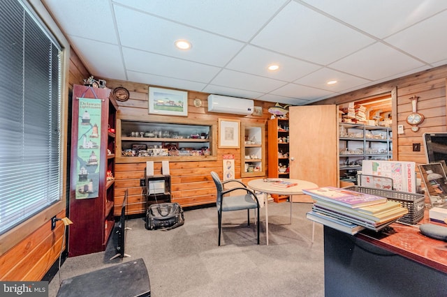 701 Paris Kirby Rd, Milford, DE 19963 - carpeted office space featuring a wall mounted AC, wooden walls, a drop ceiling, and recessed lighting