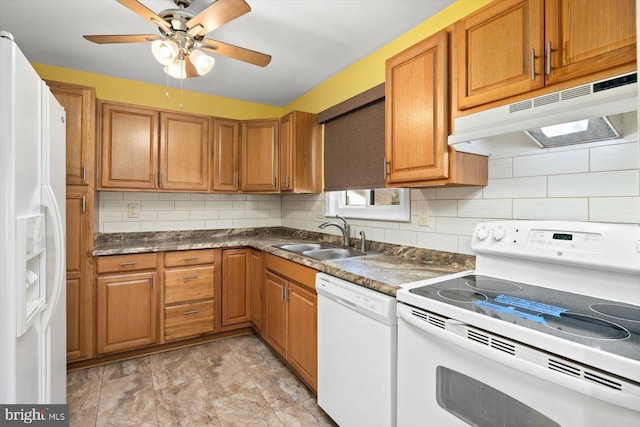 kitchen featuring decorative backsplash, brown cabinetry, a sink, white appliances, and under cabinet range hood