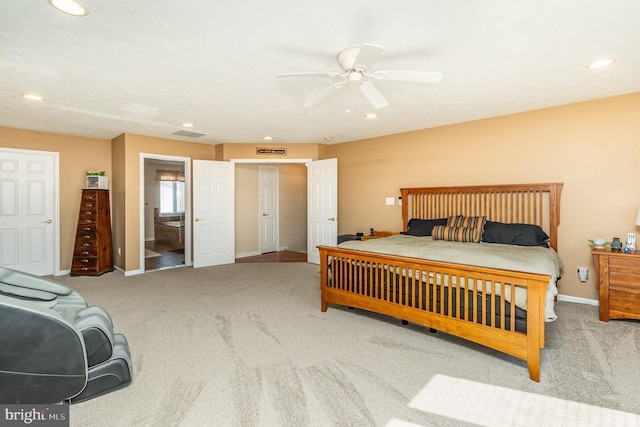 bedroom with a ceiling fan, recessed lighting, carpet flooring, and baseboards