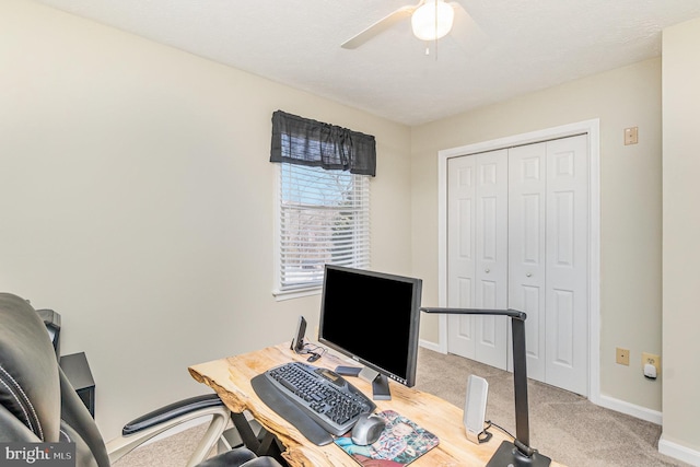 office space featuring ceiling fan, baseboards, and carpet flooring