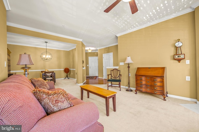 living area featuring crown molding, ceiling fan with notable chandelier, baseboards, and carpet floors