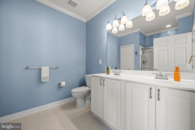 bathroom featuring visible vents, a stall shower, a sink, crown molding, and tile patterned floors