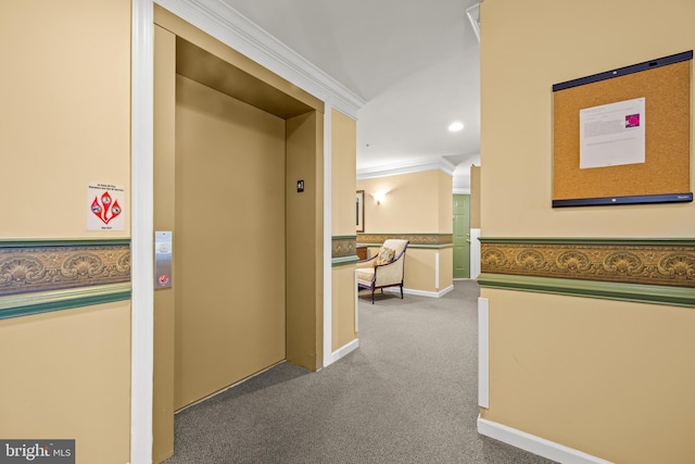 hall featuring recessed lighting, elevator, carpet, crown molding, and baseboards