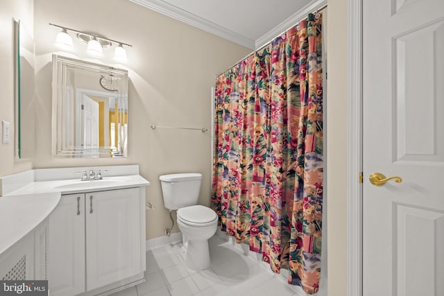 full bathroom featuring vanity, crown molding, curtained shower, and toilet