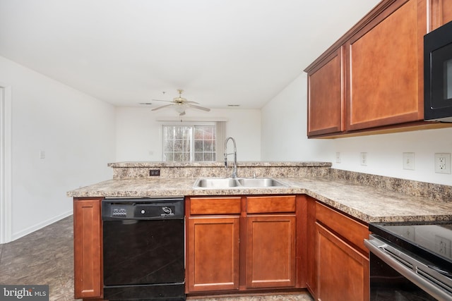 kitchen with ceiling fan, a peninsula, brown cabinetry, black appliances, and a sink