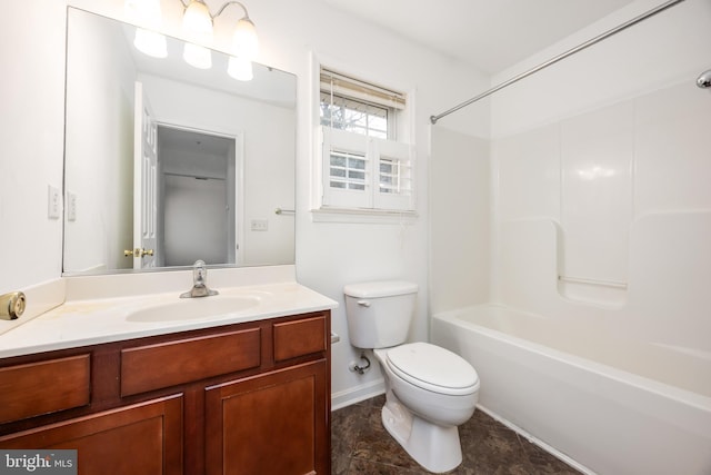 full bath with toilet, vanity, and bathing tub / shower combination