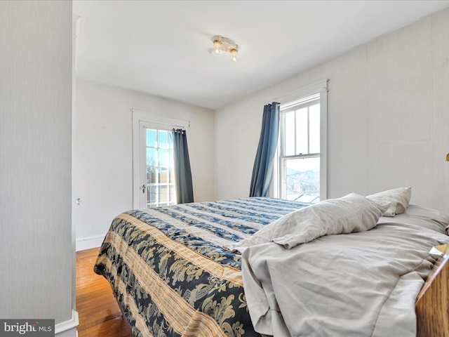 bedroom featuring multiple windows, wood finished floors, and baseboards