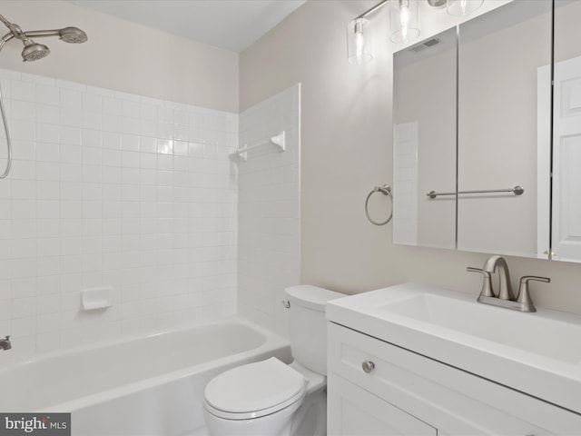 full bathroom featuring visible vents,  shower combination, vanity, and toilet