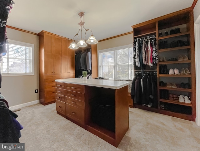 walk in closet with light carpet