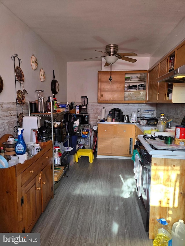 kitchen featuring dark wood finished floors, a ceiling fan, light countertops, open shelves, and gas stove