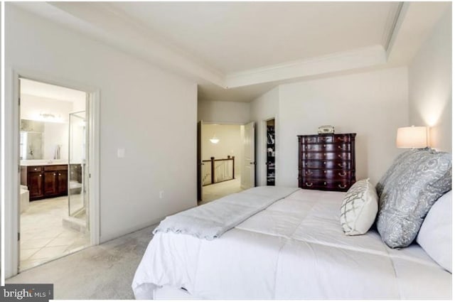 42578 Dreamweaver Dr, Brambleton, VA 20148 - bedroom with light colored carpet, ornamental molding, ensuite bath, and a tray ceiling
