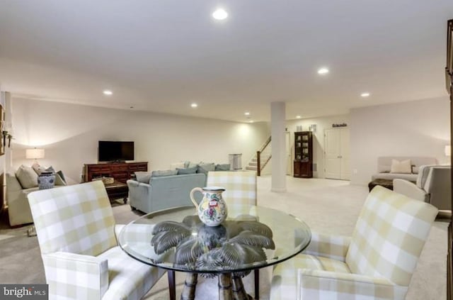42578 Dreamweaver Dr, Brambleton, VA 20148 - dining room with stairway, light carpet, and recessed lighting
