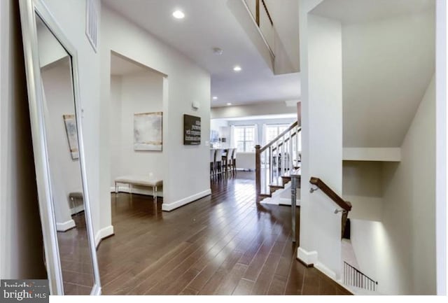42578 Dreamweaver Dr, Brambleton, VA 20148 - foyer entrance with visible vents, dark wood-style flooring, baseboards, stairway, and recessed lighting