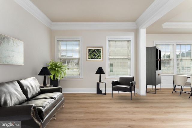 sitting room featuring crown molding, baseboards, and light wood finished floors