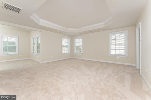 spare room with a tray ceiling, visible vents, and plenty of natural light